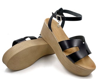 Handmade Black Leather Platform Sandals, Greek Artistry
