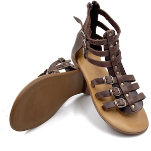 Brown Womens Gladiator and Strappy Leather Sandals, Greece Sandals Women from Genuine Leather, Summer Greek Gladiators, Strappy Flat Sandals