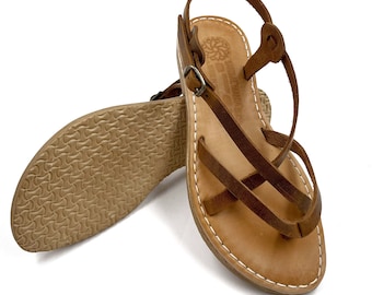 Brown Leather Strappy Sandals for Women, Split Toe Flat Leather Sandals, Handmade Greek Sandals from Genuine Leather, Ankle Strap Sandals