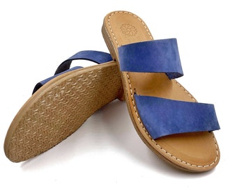Womens Leather Flat Sandals Open Toe, Handmade Greek Sandals from Genuine Leather, Blue Leather Flip Flops, Sandalmania Gift for Her