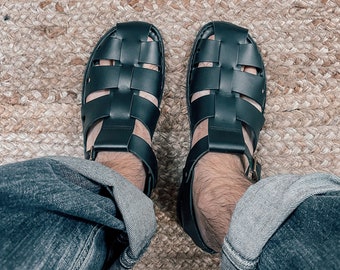 Black Gladiator Sandals for Men, Leather Fishermen Sandals, Mens Greek Sandals Black, Mens Gladiator and Strappy Leather Sandals Black