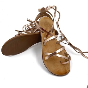 Rose Gold Lace Up Sandals for Women, Womens Flat Leather Sandals, Greek Sandals from Unique Leather, Gift for Her Birthday Sandals