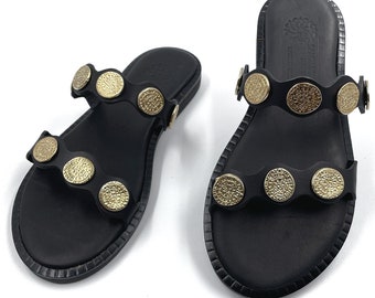 Ancient Greek Black Leather Sandals for Women, Summer Sandals from Genuine Leather and Gold Ancient Greek Coins, Birthday Gift for her