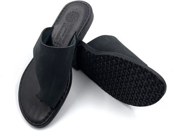 Black Flip Flop Sandals for Women, Round Toe Leather Sandals Black, Womens Greek Barefoot Leather Sandals, Sandalmania Handmade Gifts