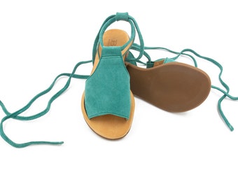 Turquoise Leather Up Sandals, Handmade Greek Summer Shoes