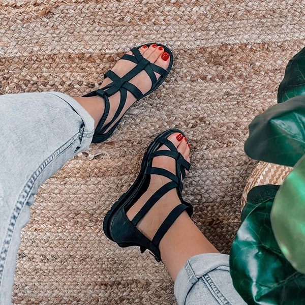 Womens Gladiator and Strappy Leather Sandals, Ankle High Leather Sandals Black, Ancient Greek Gladiator Sandals, Greek Leather Summer Shoes