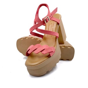 Koralle geflochtene Plateau Sandalen für Frauen, Riemchen Boho Chunky Heels, Sommer Urlaub offene Schuhe, Leder Plateau Sandalen für Frauen