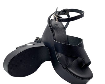 Womens Leather Platform Sandals Black, Platform Sandals Gift For Her, Greek Summer Platform Sandals, Womens Platforms Summer Gift for Her