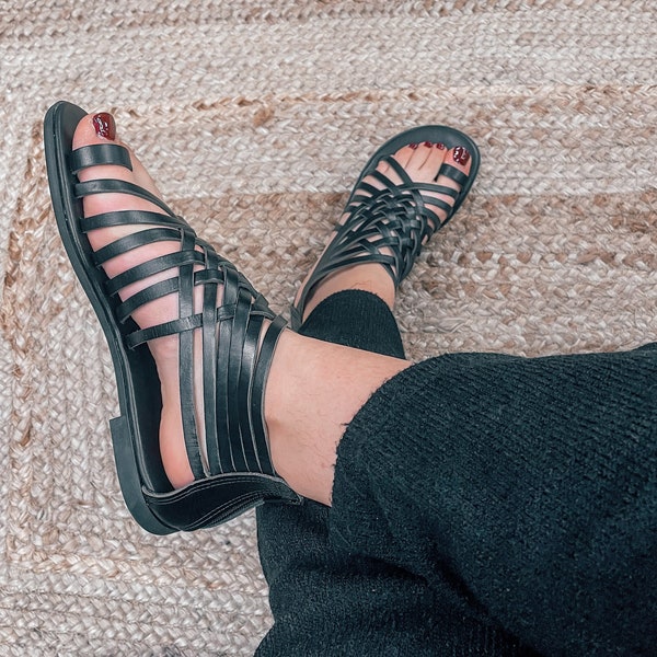 Black Gladiator Sandals for Women, Leather Gladiator Sandals in Total Black, Greek Summer Sandals Leather, Ancient Greek Round Toe Sandals