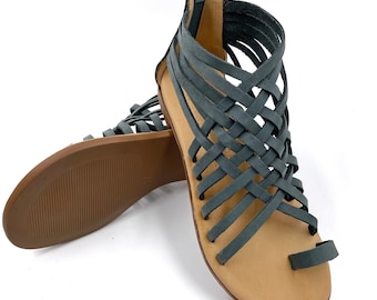 Handmade Greek Leather Gladiator Sandals, Petrol Blue Green