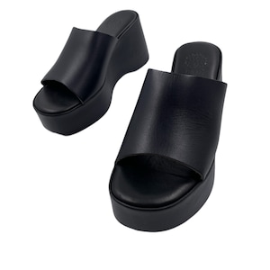 Womens Leather Platform Sandals Black, Platform Sandals Gift For Her, Greek Summer Platform Sandals, Womens Platform Flip Flops Summer Gift