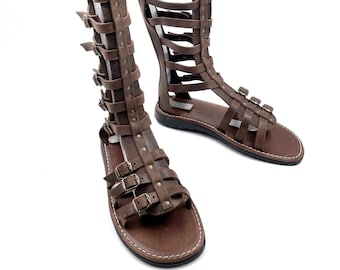 Gladiatorleren laarzen voor mannen, Griekse gladiatorsandalen van echt leer, bruine leren herensandalen, oude Griekse sandalen voor mannen