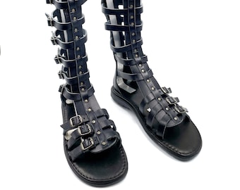 Sandalias de gladiador negras para hombres, botas tipo sandalia para hombres de cuero genuino, botas de gladiador de cuero de Grecia, botas tipo sandalia de la antigua Grecia