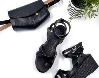 Black Leather Platform Sandals and Handbag for Women, Handmade Greek Sandals and Purse, Womens Black Leather Bag and Greek Platform Sandals