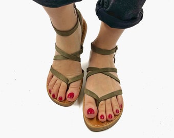 Sandales élégantes en cuir fabriquées à la main pour femme, Chaussures d'inspiration grecque, Chaussures d'été confortables faites main, Sandales grecques kaki pour femme
