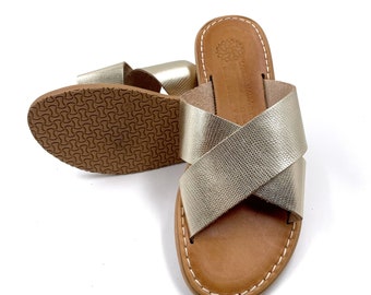 Gold Flip Flop Sandals for Women, Gift for Her Leather Sandals, Womens Greek Sandals from Genuine Leather Gold, Sandalmania Birthday Gift