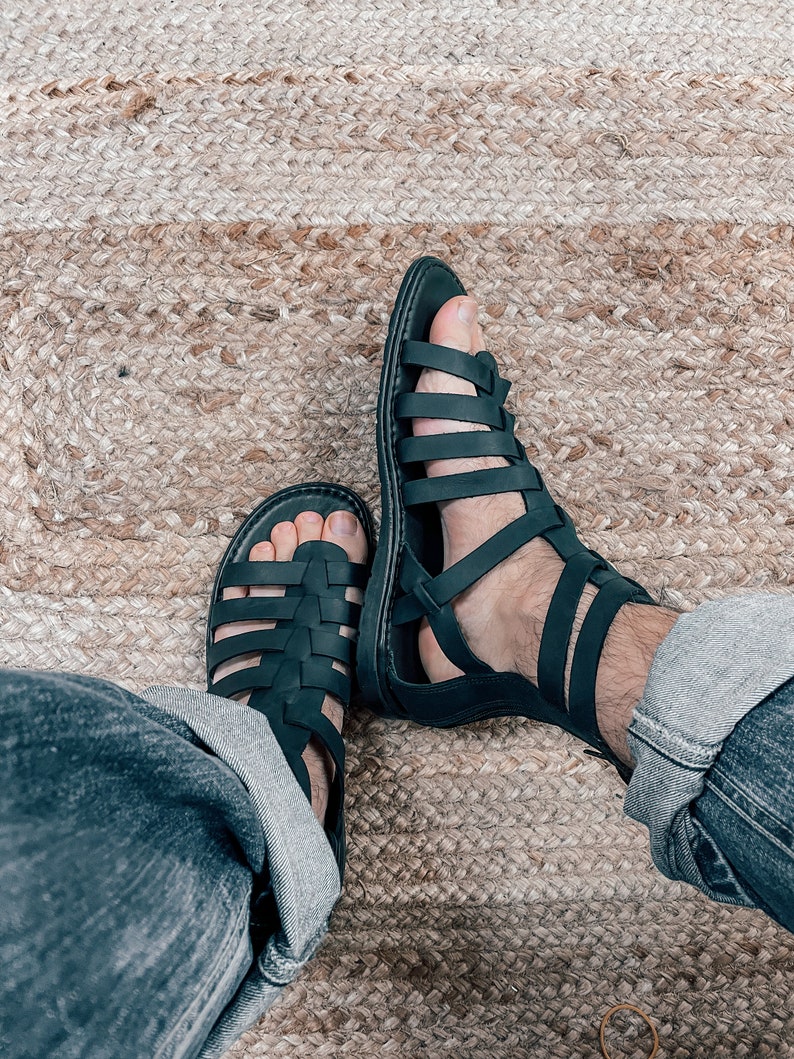 Mens Gladiator Leather Sandals Black
