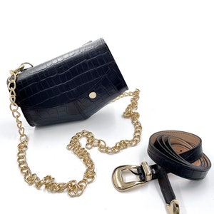 Sac ceinture en cuir pour femme noir, sac à main pour femme en cuir véritable, sac à bandoulière croco, cadeau pour femme fait main, cadeau de sac en cuir croco pour elle