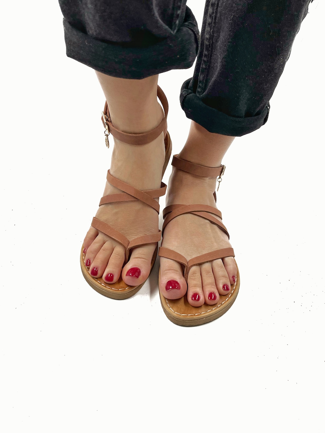 Sandalias de cuero marrón hechas a mano, elegantes zapatos de