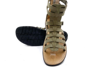 Sandalias de gladiador de color caqui para hombre, sandalias de gladiador romano antiguo de cuero genuino, sandalias de cuero para hombre hechas a mano, gladiadores para hombre de color caqui