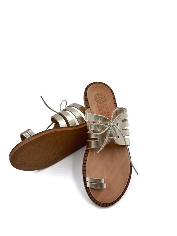 Gold Slide Sandals With Laces for Women Womens Gold Leather