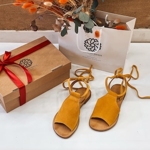 Greek Leather Sandals Gift For Her,  Dressy Sandals from Leather Yellow, Flat Lace Up Womens Sandals, Leather Sandals with Laces Summer Gift