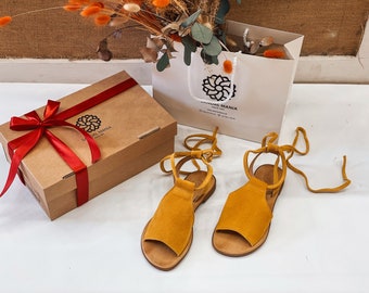 Greek Leather Sandals Gift For Her,  Dressy Sandals from Leather Yellow, Flat Lace Up Womens Sandals, Leather Sandals with Laces Summer Gift