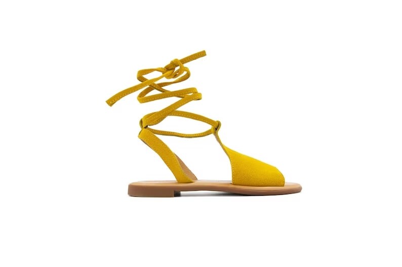 Sandalias griegas de cuero para ella, sandalias elegantes de cuero amarillo, sandalias planas con cordones para mujer, sandalias de cuero con cordones para regalo de verano. imagen 5