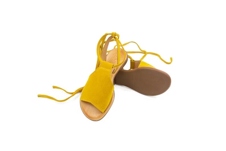 Sandalias griegas de cuero para ella, sandalias elegantes de cuero amarillo, sandalias planas con cordones para mujer, sandalias de cuero con cordones para regalo de verano. imagen 3