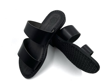 Schwarze Flache Offene Ledersandalen für Frauen, Handgefertigte Griechische Sandalen aus echtem Leder, Schwarze Sandalen Frauen, Sandalmanien Ledersandalen