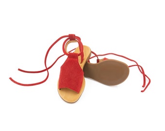Handmade Greek Leather Laced Up Sandals, Red Summer Shoes