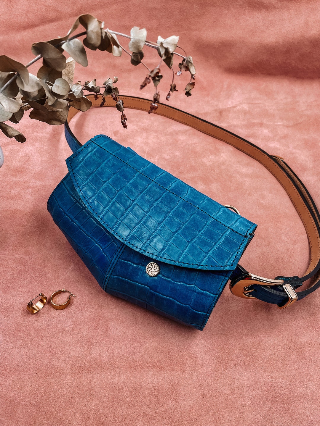 Leather Belt Bag for Women Blue, Ladies Purse From Unique Leather Blue — free download