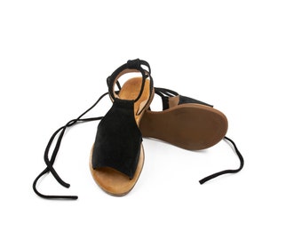 Women's Black Lace Up Sandals, Leather Sandals for Women Black, Black Sandals Women, Flat Leather Sandals, Sandalmania Black Sandals Women