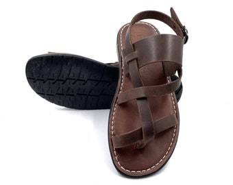 Sandales plates marron pour homme en cuir véritable, sandales grecques faites à la main pour hommes, sandales à bout rond marron pour homme, sandales en cuir pour homme Sandalmania