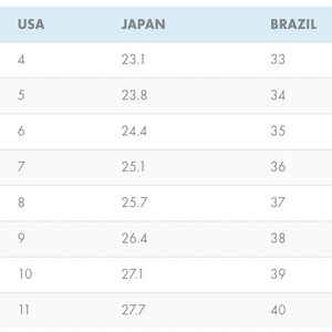 May include: A chart showing shoe size conversions for men's shoes in Europe, UK, USA, Japan, Brazil, and inches.
