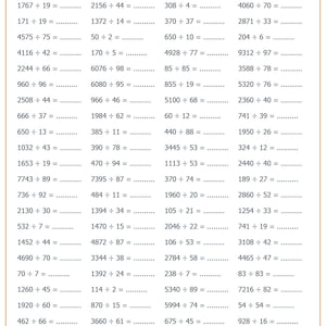 Può includere: Un foglio di esercizi di matematica intitolato Math Practice, Page 30 of 30, con quattro colonne di divisioni e linee vuote per le risposte. L'intestazione include campi per Name, Date, Class e Score su 100, tutto in testo nero.