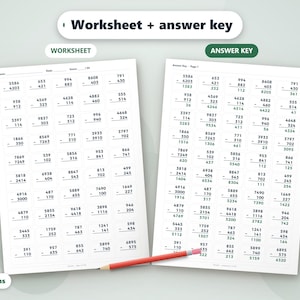 May include: A math worksheet and answer key featuring columns of four-digit subtraction problems printed on white paper. A red pencil with a pink eraser rests horizontally across the bottom of the two pages. The text reads Worksheet + answer key.