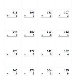 May include: A white math worksheet featuring twenty multiplication problems arranged in a grid. Each problem consists of a three-digit number multiplied by a single-digit number, with a horizontal line below. The top includes fields for Name, Date, and Score.