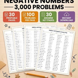 May include: A set of educational math worksheets titled Addition with Negative Numbers 3,000 Problems. The pages feature columns of addition equations involving negative integers, with accompanying answer keys, printable as a PDF.