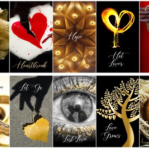 May include: A collage of images with themes of love and relationships. Includes a golden rose, a broken heart, a geometric pattern with the word "Hope", a fiery heart, a padlock, wedding rings, a hand releasing a leaf, an eye, a golden tree, and a heart-shaped cookie.
