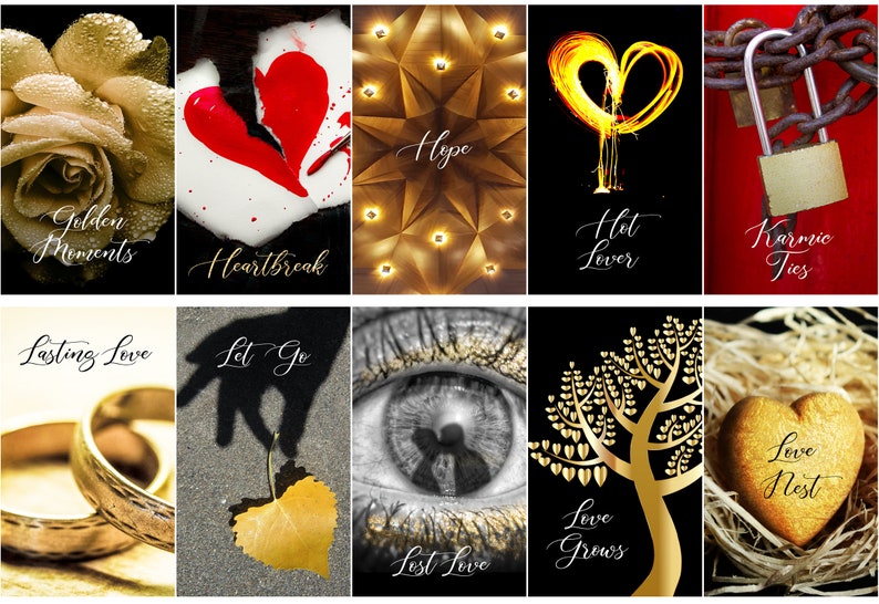 May include: A collage of images with themes of love and relationships. Includes a golden rose, a broken heart, a geometric pattern with the word "Hope", a fiery heart, a padlock, wedding rings, a hand releasing a leaf, an eye, a golden tree, and a heart-shaped cookie.