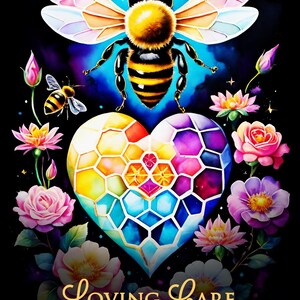 May include: A digital art image featuring a large bee with colorful wings above a heart-shaped design. The heart is composed of geometric shapes in various colors. Surrounding the heart are flowers and the words "Loving Care".
