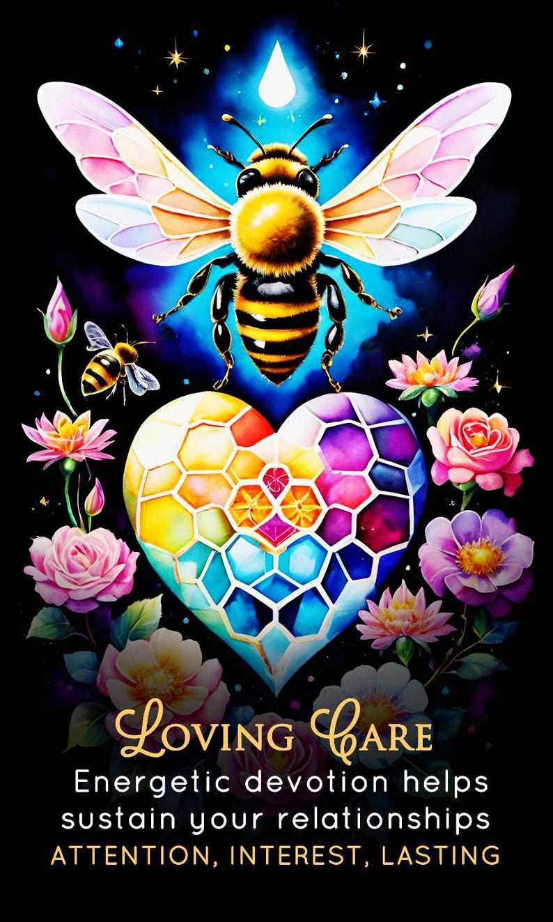May include: A digital art image featuring a large bee with colorful wings above a heart-shaped design. The heart is composed of geometric shapes in various colors. Surrounding the heart are flowers and the words "Loving Care".