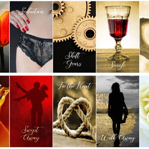Może przedstawiać: Kolaż zdjęć z tekstem. Zawiera tulipana, czarną koronkową bieliznę, koła zębate, kieliszek czerwonego wina, dłonie tworzące serce, bąbelki, parę, węzeł z liny, sylwetkę i r&oacute;żę. Tekst zawiera "Secret Admirer", "Seduction", "Shift Gears", "Single", "Soul Mates", "Sweet Honey", "Swept Away", "Tie the Knot", "Walk Away" i "Yes".