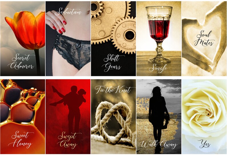 Może przedstawiać: Kolaż zdjęć z tekstem. Zawiera tulipana, czarną koronkową bieliznę, koła zębate, kieliszek czerwonego wina, dłonie tworzące serce, bąbelki, parę, węzeł z liny, sylwetkę i r&oacute;żę. Tekst zawiera "Secret Admirer", "Seduction", "Shift Gears", "Single", "Soul Mates", "Sweet Honey", "Swept Away", "Tie the Knot", "Walk Away" i "Yes".