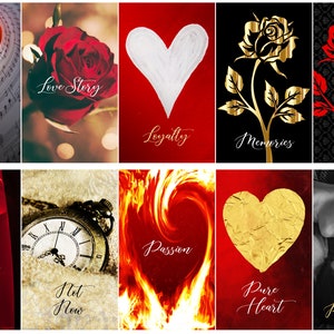 May include: A collection of romantic themed images with text overlays. The images include a heart made of sheet music, a red rose, a white heart, a gold rose, a red rose, a lava lamp, a pocket watch, flames, a gold heart, and a couple.