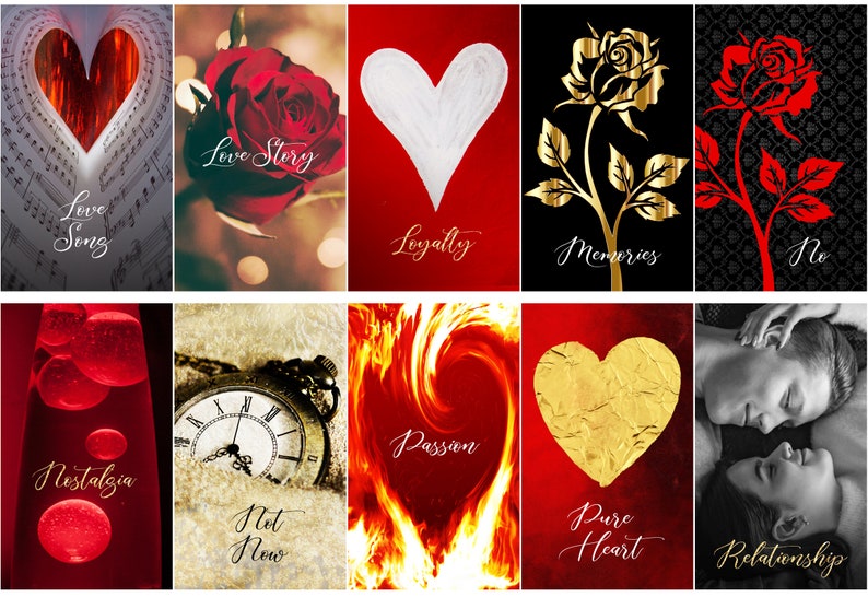May include: A collection of romantic themed images with text overlays. The images include a heart made of sheet music, a red rose, a white heart, a gold rose, a red rose, a lava lamp, a pocket watch, flames, a gold heart, and a couple.