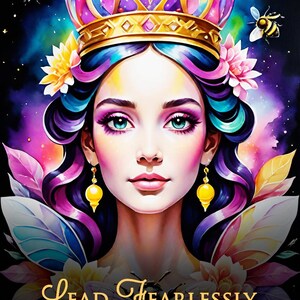 May include: Digital art portrait of a woman wearing a jeweled crown and earrings, surrounded by bees and flowers. The image has text that reads "LEAD FEARLESSLY" and "You have gifts to share with your community BOSS, STEPPING UP, GIVER."