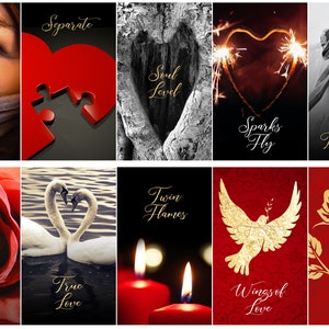May include: A collection of romantic-themed images. One features an eye with the word "Secrets". Another shows a red heart puzzle piece with "Separate". Other images include a tree heart, sparklers, a couple, a rose, swans, candles, a dove, and a rose.