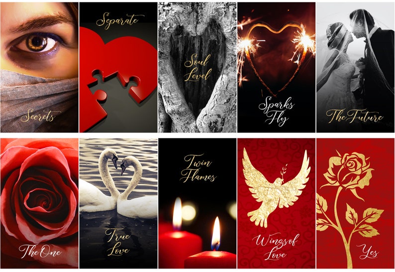 May include: A collection of romantic-themed images. One features an eye with the word "Secrets". Another shows a red heart puzzle piece with "Separate". Other images include a tree heart, sparklers, a couple, a rose, swans, candles, a dove, and a rose.